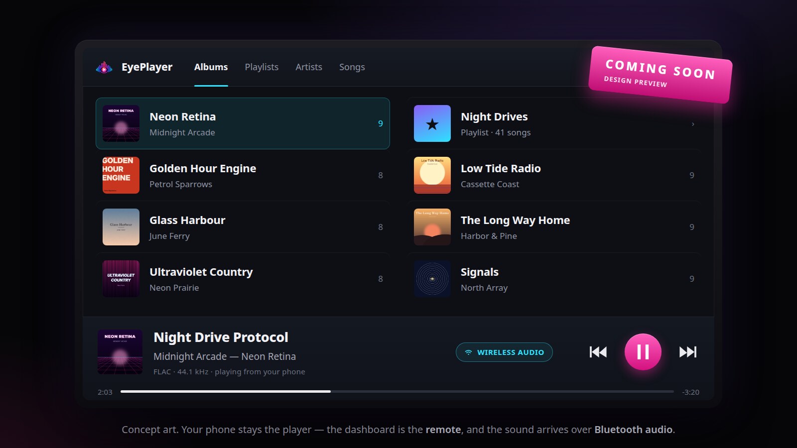 Concept art of EyePlayer on a dashboard: a screen listing albums and playlists, with a now-playing bar and a wireless audio badge.