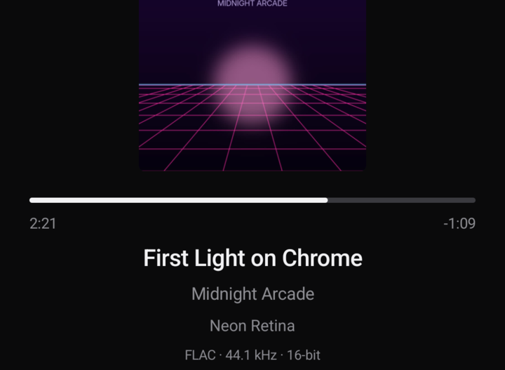 Now Playing showing a FLAC 44.1 kHz 16-bit readout.