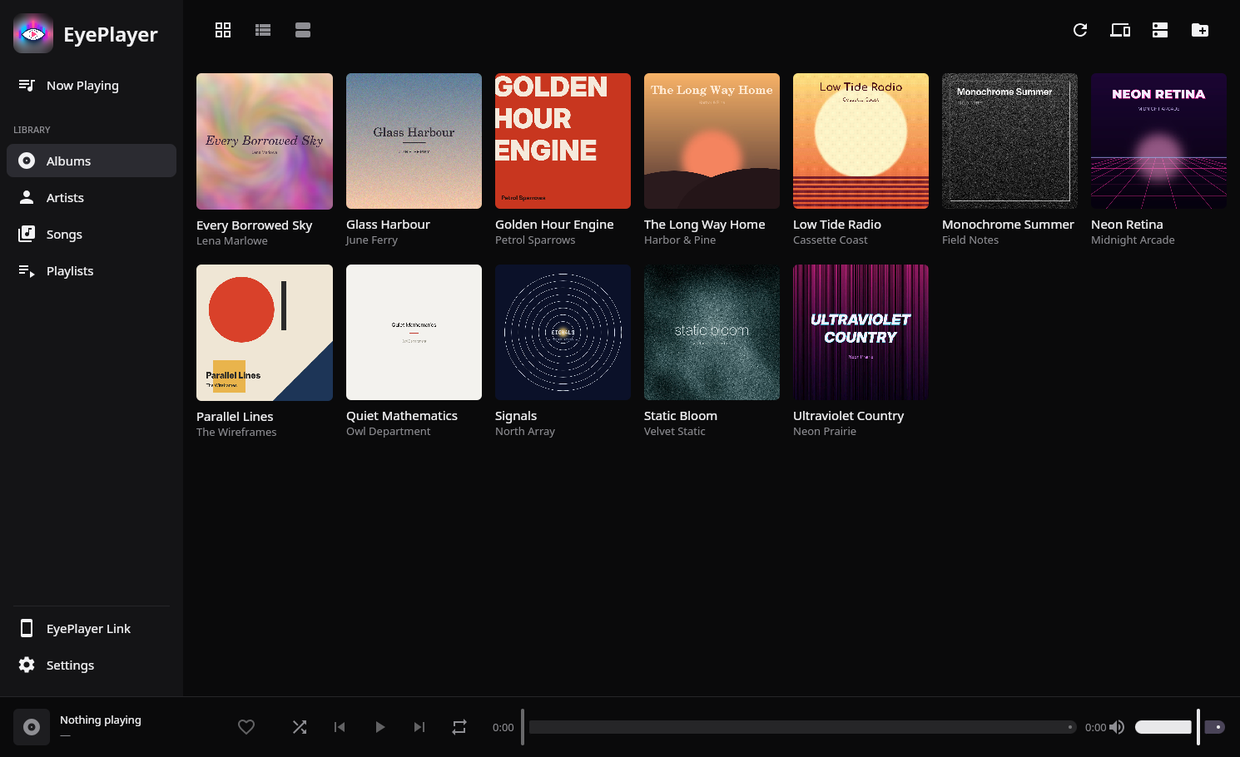 The EyePlayer PC app showing an album grid.