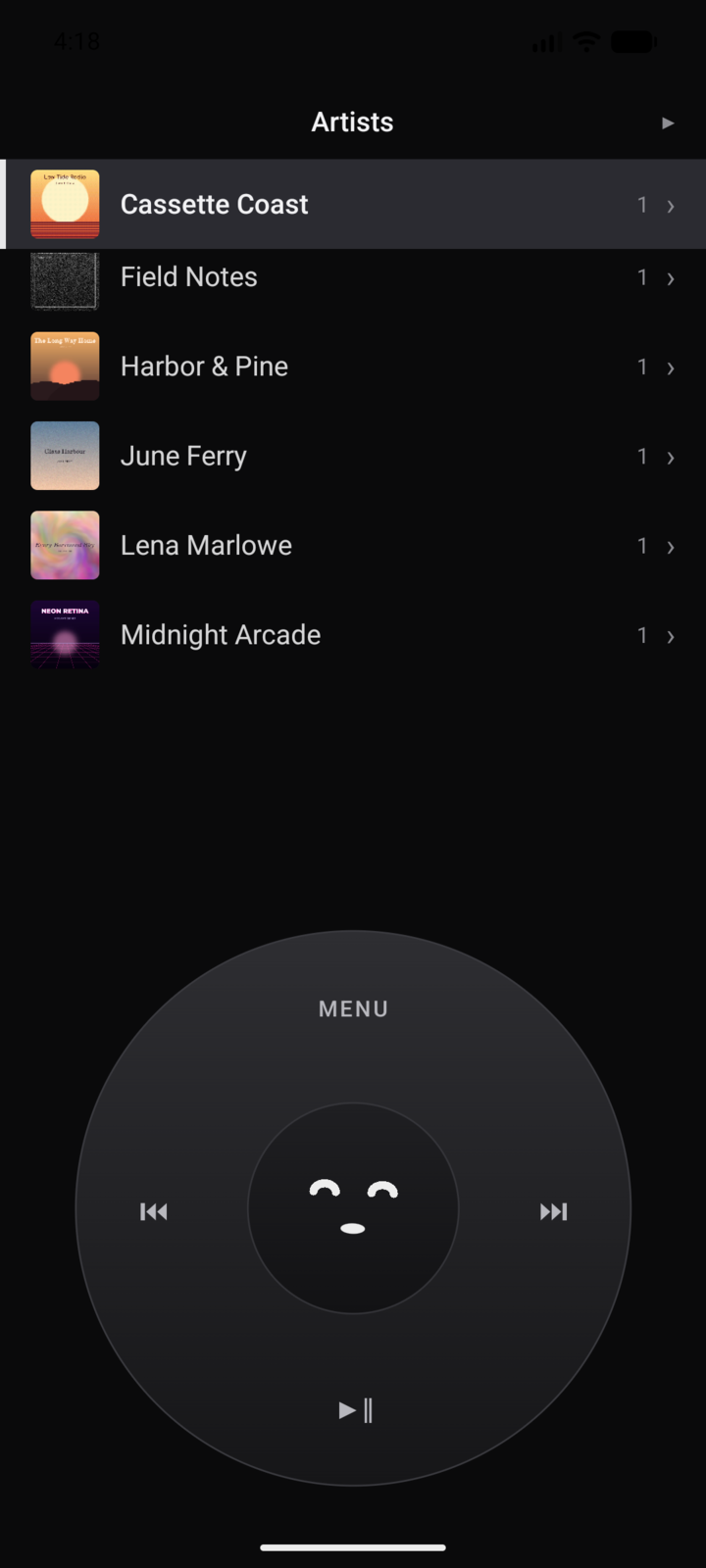 The Artists list with thumbnail art for each artist.