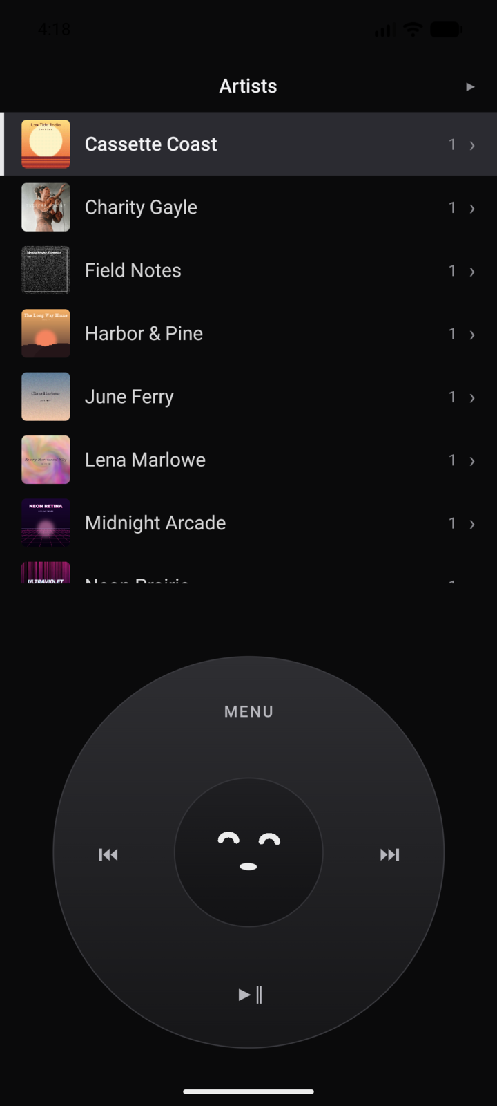 The Artists list with thumbnail art for each artist.