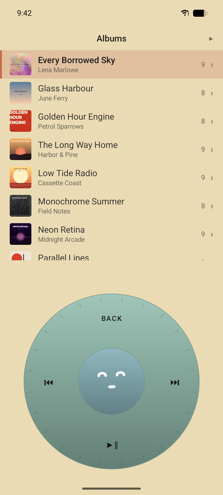 EyePlayer in the Pastel daylight scheme: a sand background with a seafoam wheel.