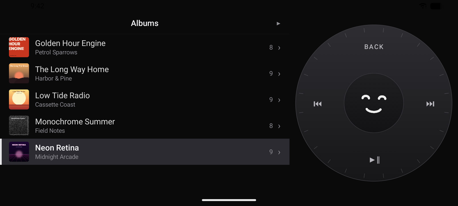 EyePlayer in landscape: the album list fills the left of the screen with the control wheel at full size on the right.