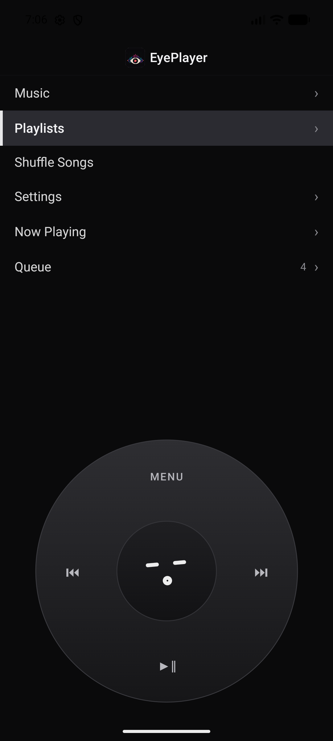 The main menu on the phone: Music, Playlists, Settings in a split-pane list.