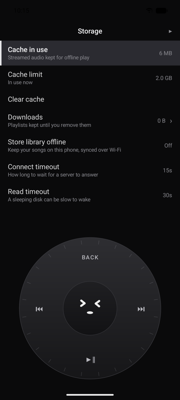 The Storage settings screen, with the option to store the whole library offline.