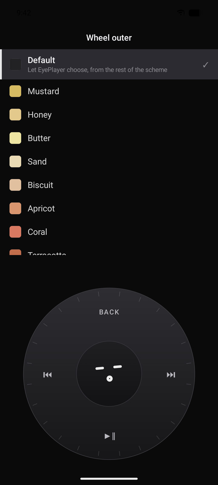 The colour picker, listing named swatches with a chip beside each one.