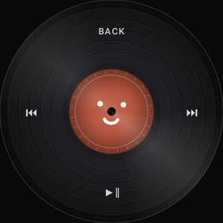 The Record wheel: black vinyl with grooves and a paper label.